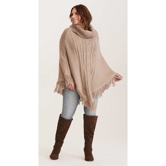 torrid Sweaters - Torrid Cowl Neck Cable Knit Fringe Poncho Sweater Tan Beige Plus Size OS H14277